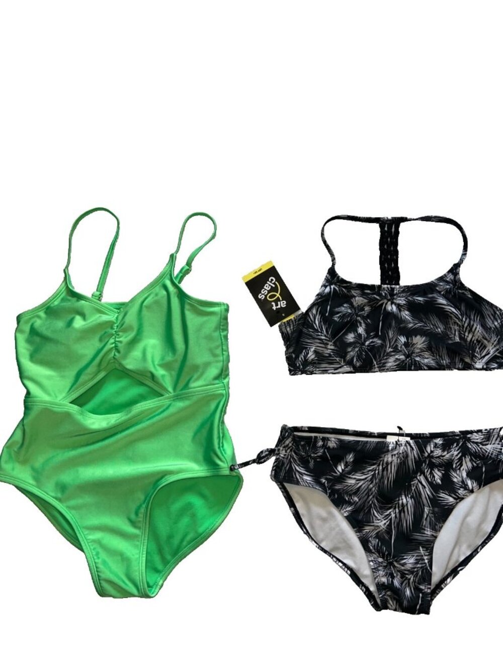 girls lot of 2 Bathing Suits 1Pc and 2 Pc NEW Size 14 Green Black White